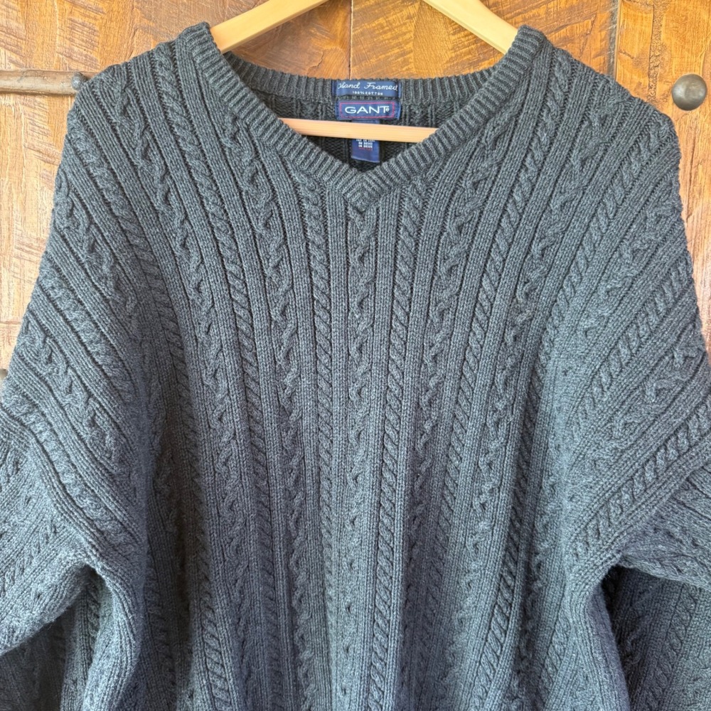 Vintage Gant Heavy Knit Sweater Mens XXL Grey V-Neck Cotton Hand Framed Pullover